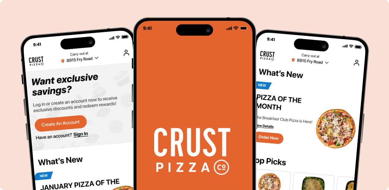 Crust Pizza Co. Mobile App Interface - Exclusive Savings and New Pizza Offers
