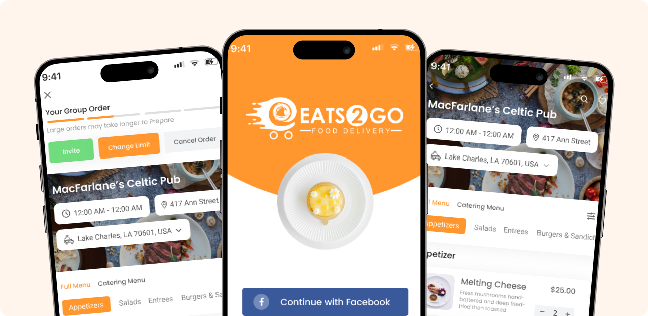 Eats2Go Food Delivery Mobile App Interface - Group Order, Splash Screen, Restaurant Menu