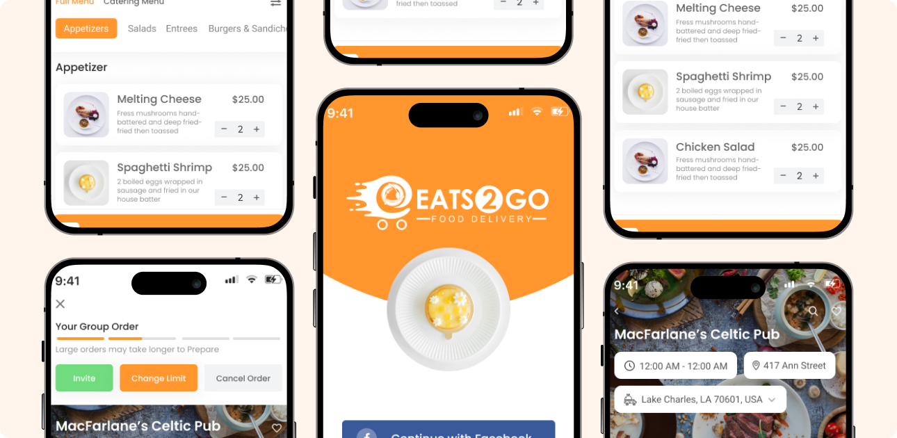 Eats2Go Food Delivery Mobile App Interface - Multiple Screens: Group Order, Splash, and Restaurant Menu Items