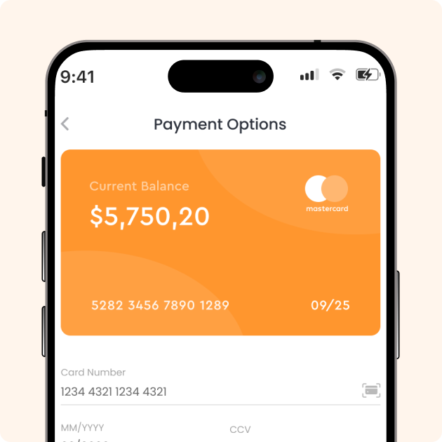 Mobile App Payment Options Screen with Balance and Card Details