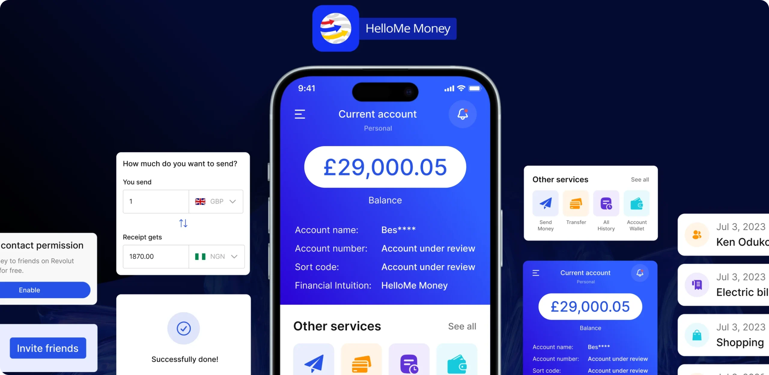 HelloMe Money Mobile App Interface: Current Account Balance, Send Money, Transaction History, and Other Services
