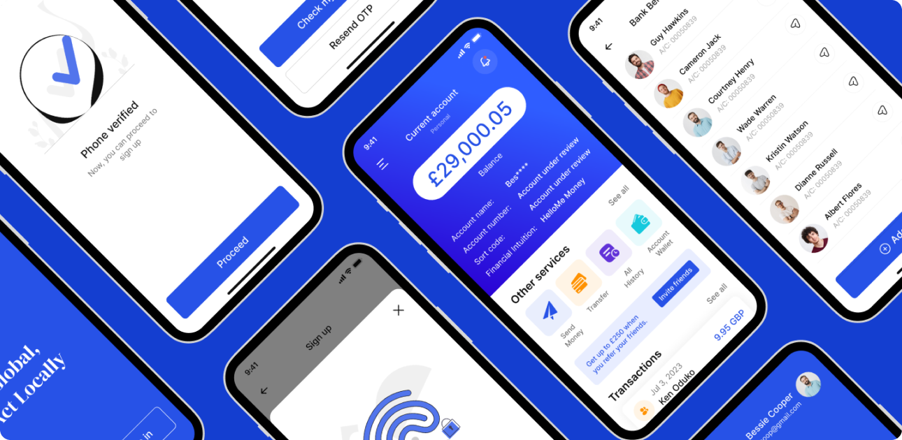 HelloMe Money Mobile App Interface - Multiple Screens: Verification, Account Overview, Transactions, Contacts