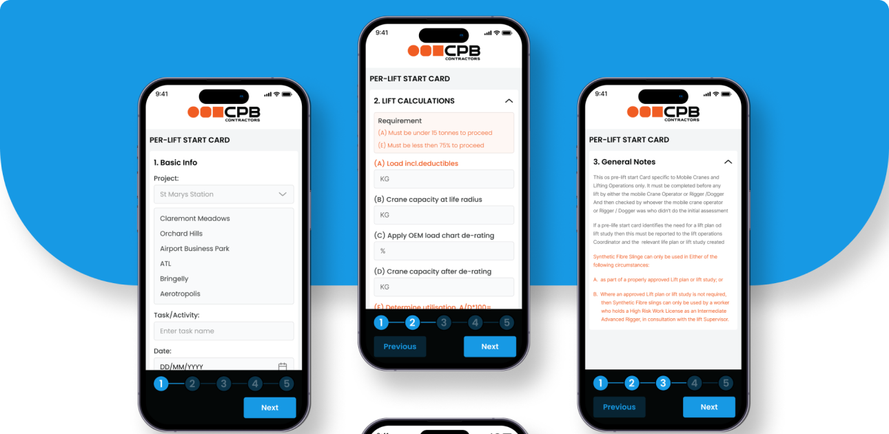 CPB Contractors Per-Lift Start Card Mobile App Interface