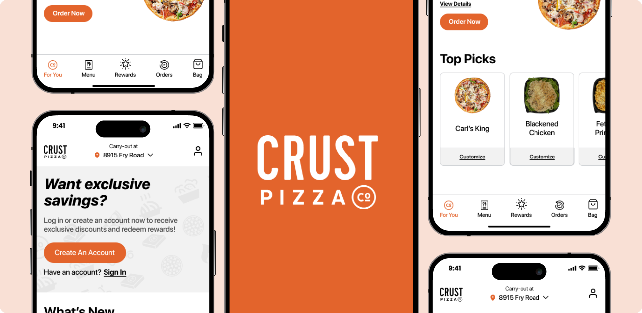 Crust Pizza Co. Mobile App Interface - Bottom Navigation and Top Picks