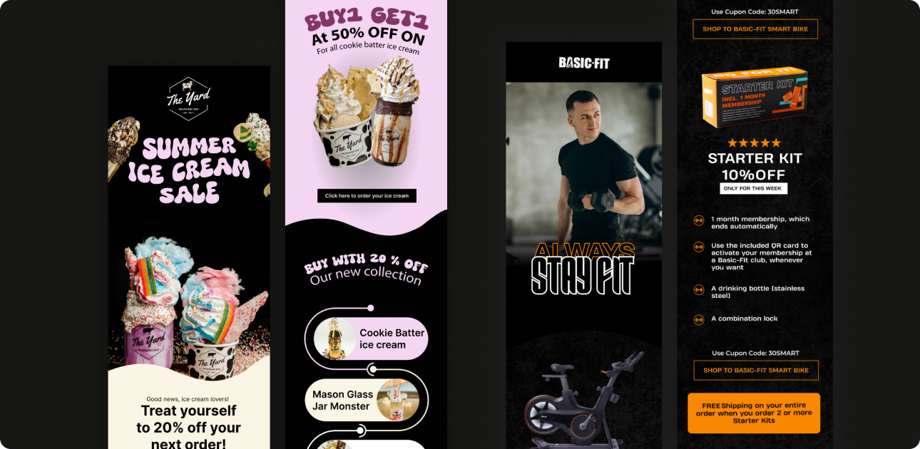 Collection of Email Designs: Summer Ice Cream Sale, Cookie Butter Promotion, and Basic Fit Starter Kit