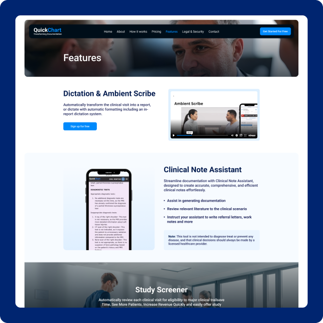 QuickChart Website - Features Page: Dictation & Ambient Scribe, Clinical Note Assistant, Study Screener