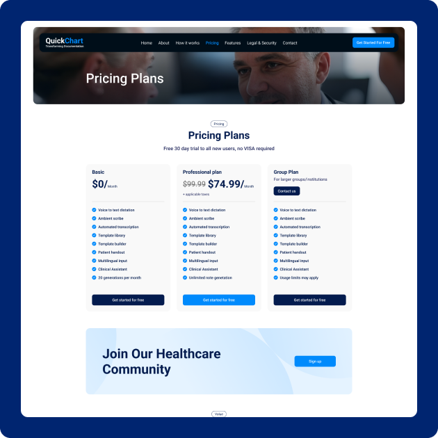 QuickChart Website - Pricing Plans: Basic, Professional, Group