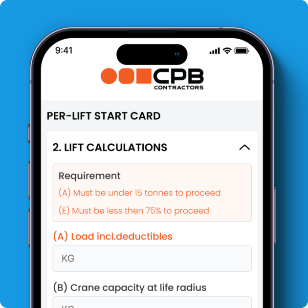 CPB Contractors Per-Lift Start Card App - Lift Calculations Screen