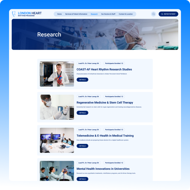 London Heart Rhythm Institute Website - Research Page: Cardiac Studies, Regenerative Medicine, Telemedicine, Mental Health