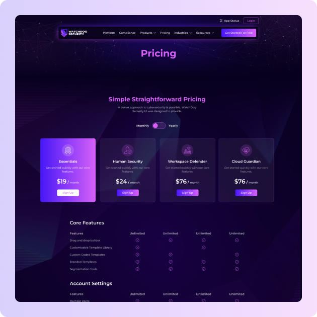 Watchdog Security Website - Pricing Page with Subscription Plans