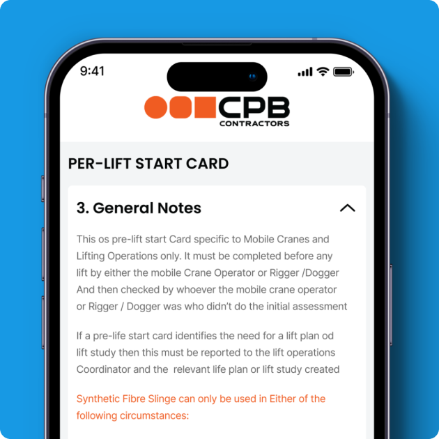 CPB Contractors Per-Lift Start Card App - General Notes Section