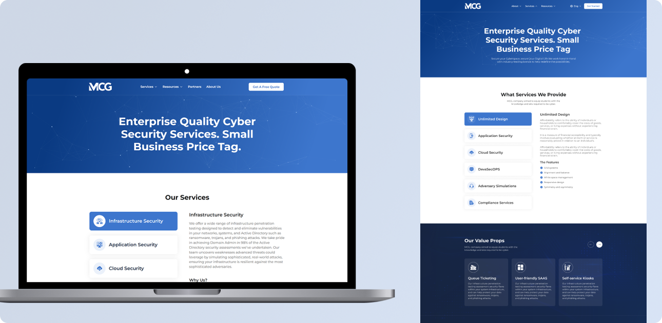 MCG Website Homepage - Full View and "What Services We Provide" Section