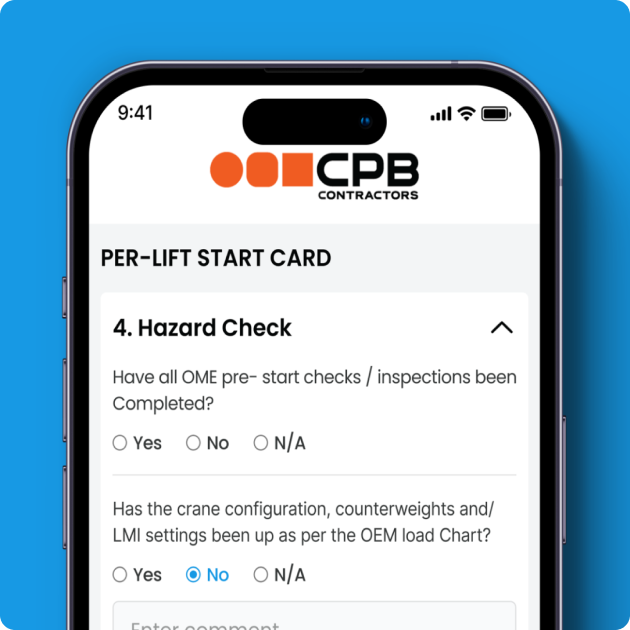 CPB Contractors Per-Lift Start Card App - Hazard Check Section