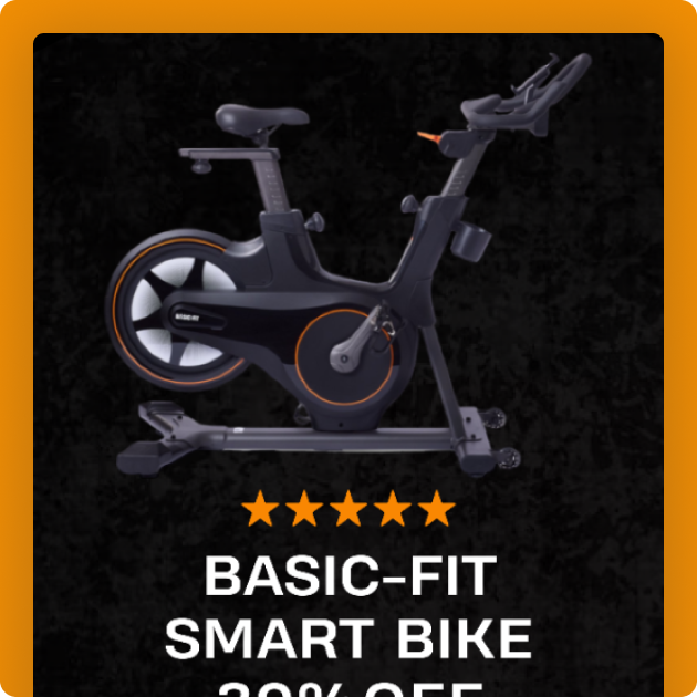 BASIC-FIT SMART BIKE Email Design Featuring a Stationary Bike and a Five-Star Rating