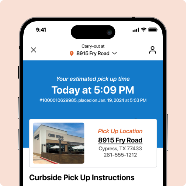 Crust Pizza Co. Mobile App - Order Confirmation and Pickup Details