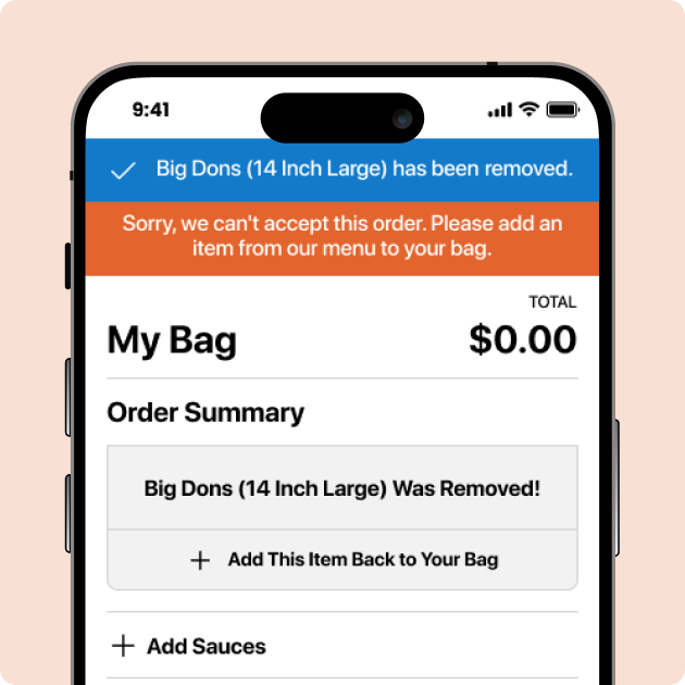 Crust Pizza Co. Mobile App - Empty Order Bag with Item Removal Notification