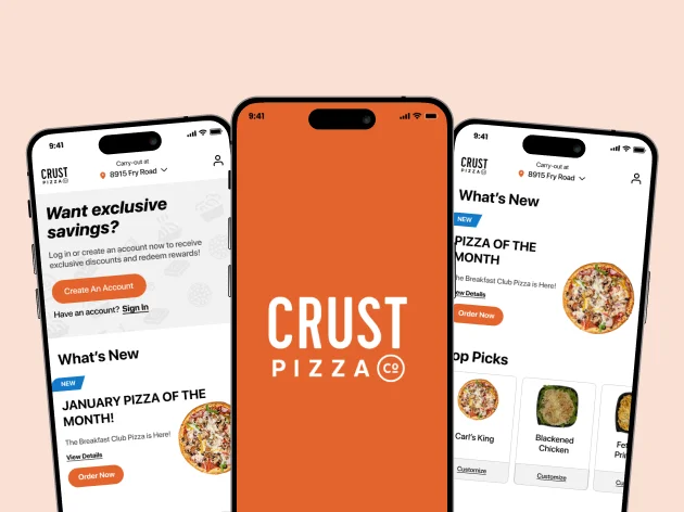 Crust Pizza Co. Mobile App Interface: Exclusive Savings, What's New, and Pizza of the Month