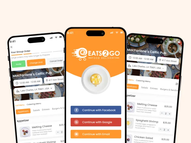 EATS2GO Food Delivery App Interface: Ordering from MacFarlane's Celtic Pub with Social Login Options