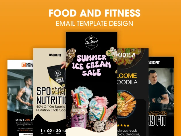 Collection of Food and Fitness Email Template Designs Featuring Ice Cream Sale, Sports Nutrition, and Healthy Meals