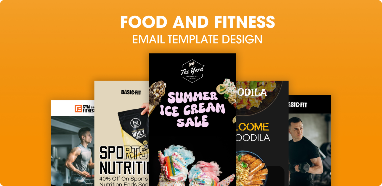 Collection of Food and Fitness Email Template Designs Featuring Ice Cream Sale, Sports Nutrition, and Healthy Meals
