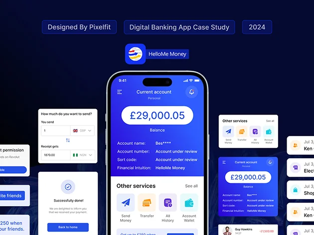 HelloMe Money Digital Banking App Case Study by Pixelfit: Interface Showcase